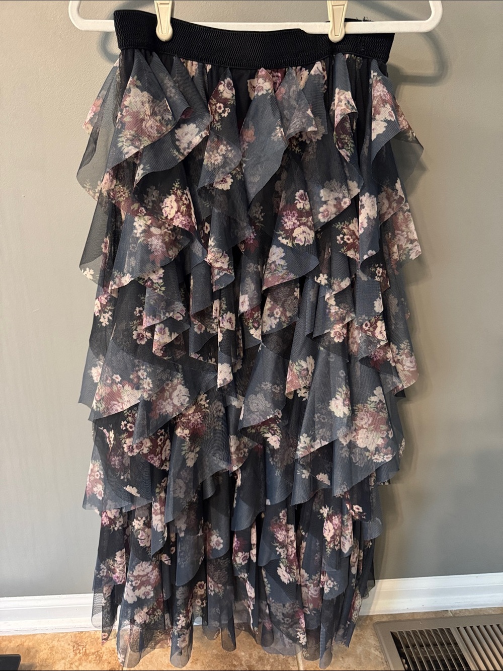 Anthropologie Floral Tiered Ruffle Maxi Skirt - Black with Pink Floral